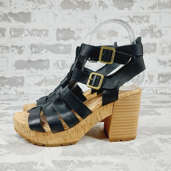 KorkEase Shoes New Korkease Camille Black Leather Block Heel Wedge